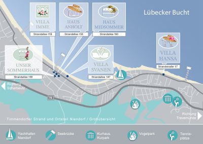 Karte von Timmendorfer Strand, eingezeichnet sind die 6 Häuser mit den Ferienappartements