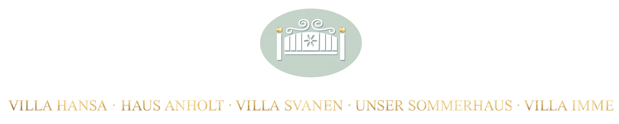 alle Logos der Ferienwohnungen: Villa Svanen, Villa Hansa, Unser Sommerhaus, Haus Midsommer, Villa Imme, Haus Anholt